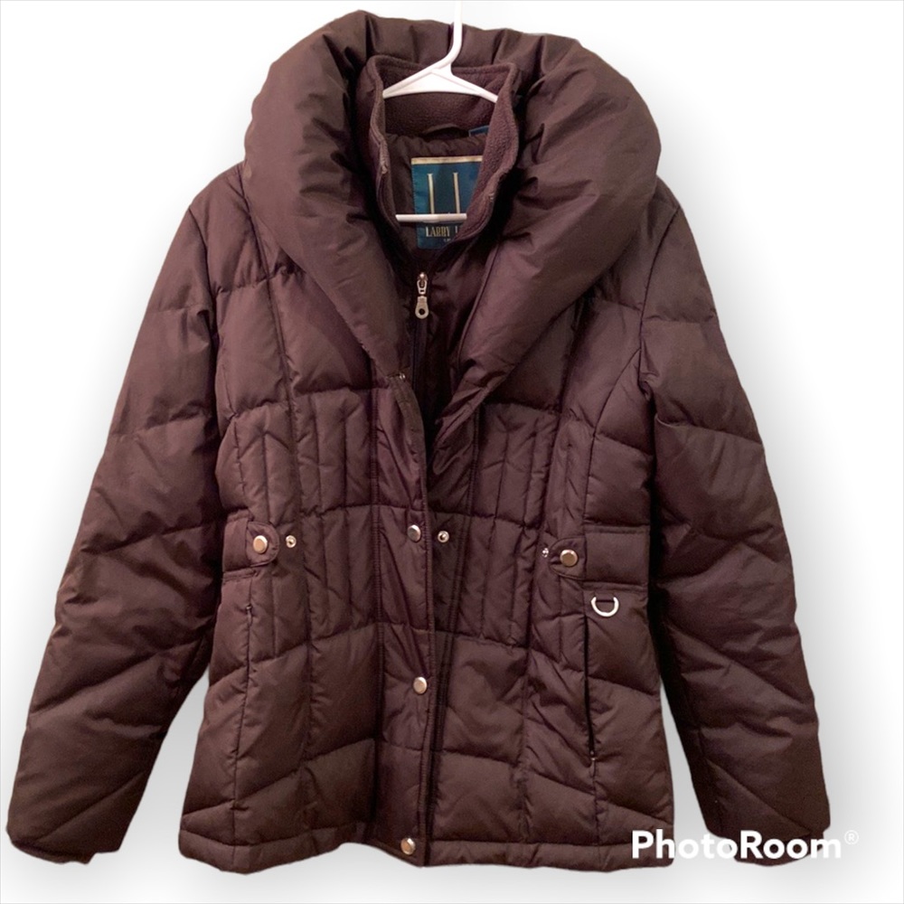 Larry Levine Sport Goose Down Puffy Coat Brown, Button up & Zip WM SZ XS Nice!🥰